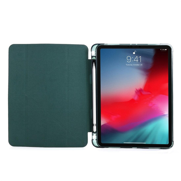 For iPad Pro 12.9 (2020/2018) Multi-folding Horizontal Flip PU Leatherette + Shockproof TPU Case with Holder & Pen Slot(Deep Green)