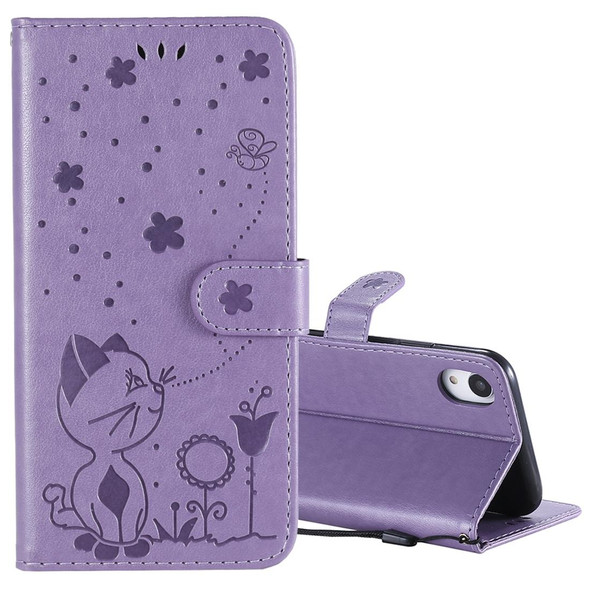 For iPhone XR Cat Bee Embossing Pattern Shockproof Horizontal Flip Leatherette Case with Holder & Card Slots & Wallet(Purple)