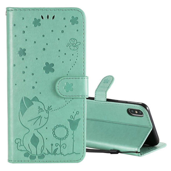 For iPhone XS Max Cat Bee Embossing Pattern Shockproof Horizontal Flip Leatherette Case with Holder & Card Slots & Wallet(Green)