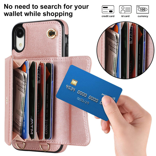 For iPhone XR RFID Card Slot Phone Case with Long Lanyard(Rose Gold)