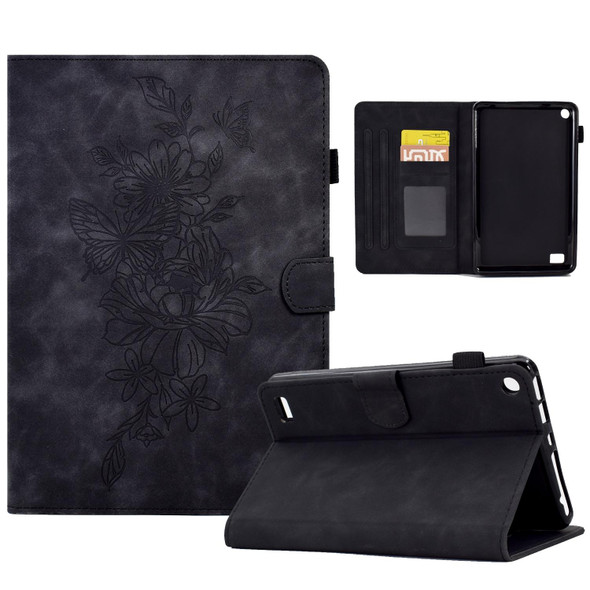 For Amazon Kindle Fire 7 2019/2017/2015 Peony Butterfly Embossed Leatherette Smart Tablet Case(Black)