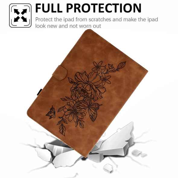 For Amazon Kindle Fire 7 2019/2017/2015 Peony Butterfly Embossed Leatherette Smart Tablet Case(Brown)