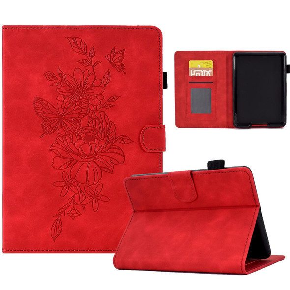 For Amazon Kindle Paperwhite 4/3/2/1 Peony Butterfly Embossed Leatherette Smart Tablet Case(Red)