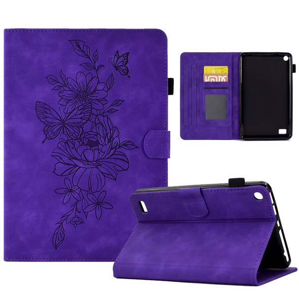 For Amazon Kindle Fire 7 2019/2017/2015 Peony Butterfly Embossed Leatherette Smart Tablet Case(Purple)