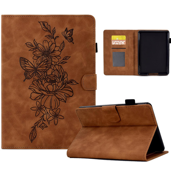 For Amazon Kindle Paperwhite 4/3/2/1 Peony Butterfly Embossed Leatherette Smart Tablet Case(Brown)