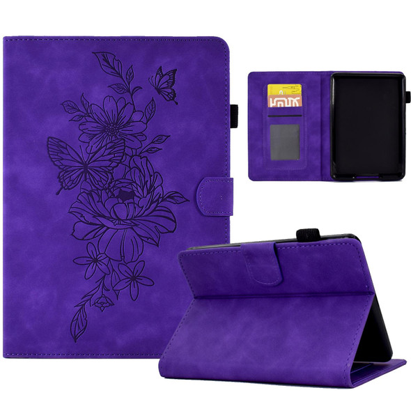 For Amazon Kindle Paperwhite 4/3/2/1 Peony Butterfly Embossed Leatherette Smart Tablet Case(Purple)