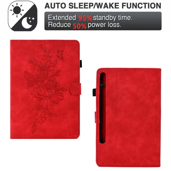 For Samsung Galaxy Tab S7 / S8 Peony Butterfly Embossed Leatherette Smart Tablet Case(Red)