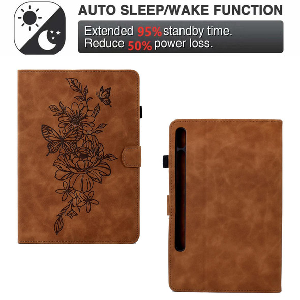 For Samsung Galaxy Tab S7 / S8 Peony Butterfly Embossed Leatherette Smart Tablet Case(Brown)
