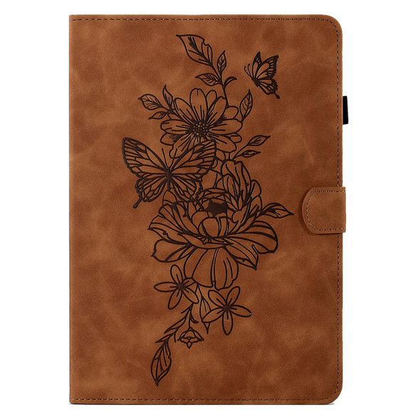 For Samsung Galaxy Tab A7 10.4 2020 T500 Peony Butterfly Embossed Leatherette Smart Tablet Case(Brown)