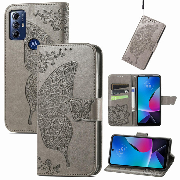 For Motorola Moto G Play 2023 Butterfly Love Flower Embossed Flip Leatherette Phone Case(Gray)