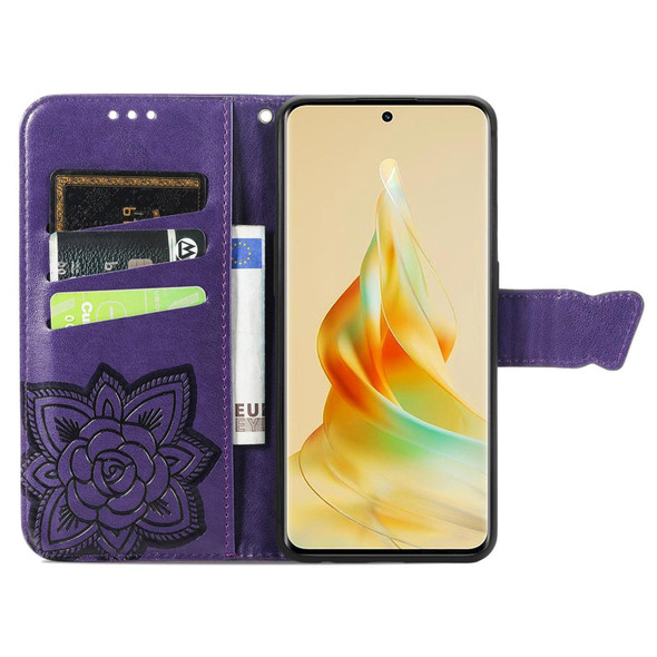 For OPPO Reno8 T 5G Butterfly Love Flower Embossed Flip Leatherette Phone Case(Dark Purple)
