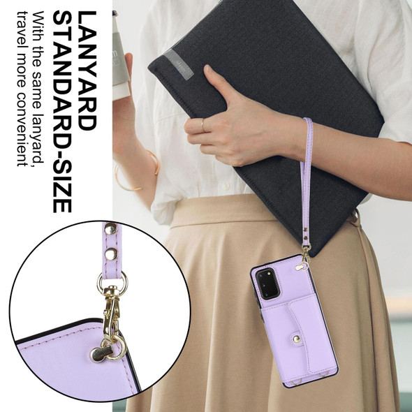 For Samsung Galaxy S20 RFID Card Slot Leatherette Phone Case with Long Lanyard(Purple)