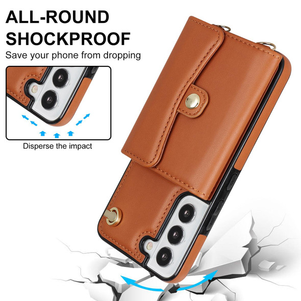 For Samsung Galaxy S22 5G RFID Card Slot Leatherette Phone Case with Long Lanyard(Brown)