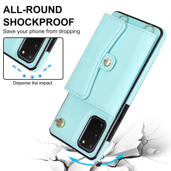 For Samsung Galaxy S20 RFID Card Slot Leatherette Phone Case with Long Lanyard(Mint Green)