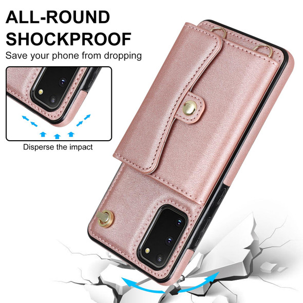 For Samsung Galaxy S20 RFID Card Slot Leatherette Phone Case with Long Lanyard(Rose Gold)