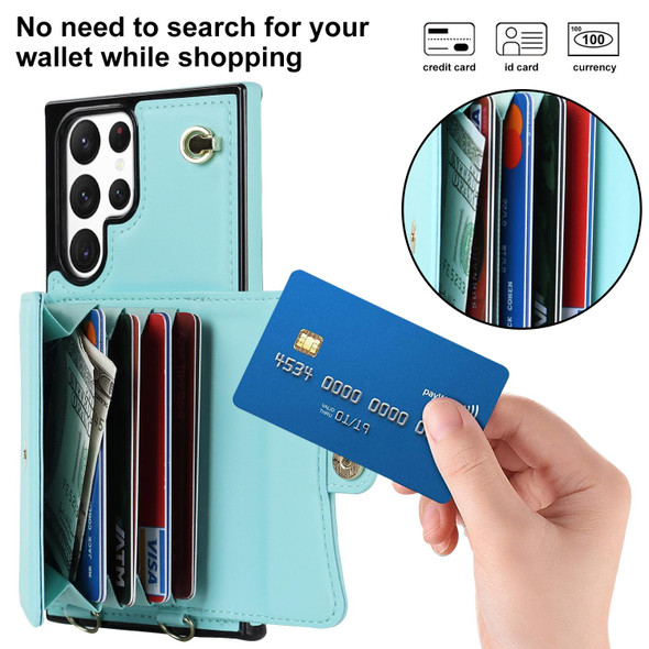 For Samsung Galaxy S22 Ultra 5G RFID Card Slot Leatherette Phone Case with Long Lanyard(Mint Green)