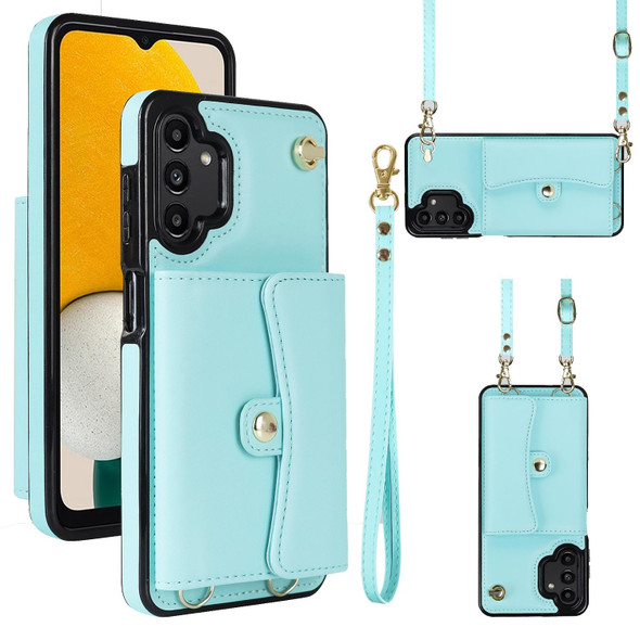 For Samsung Galaxy A13 4G / 5G RFID Card Slot Leatherette Phone Case with Long Lanyard(Mint Green)