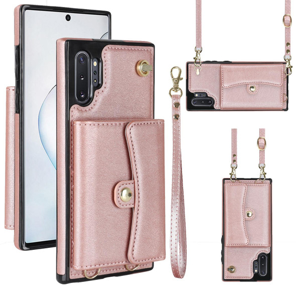 For Samsung Galaxy Note10+ RFID Card Slot Leatherette Phone Case with Long Lanyard(Rose Gold)