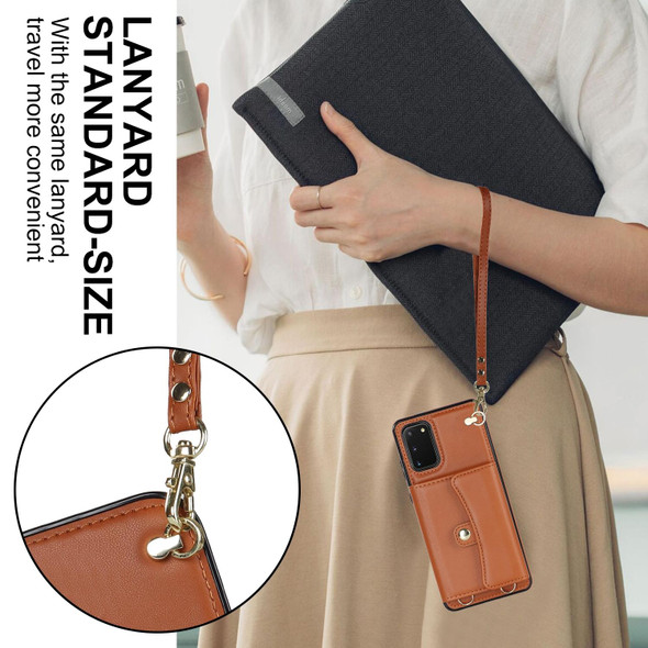 For Samsung Galaxy S20 RFID Card Slot Leatherette Phone Case with Long Lanyard(Brown)