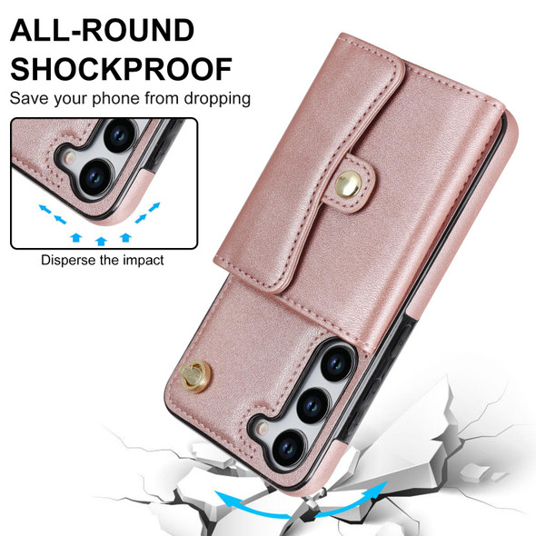 For Samsung Galaxy S23 5G RFID Card Slot Leatherette Phone Case with Long Lanyard(Rose Gold)