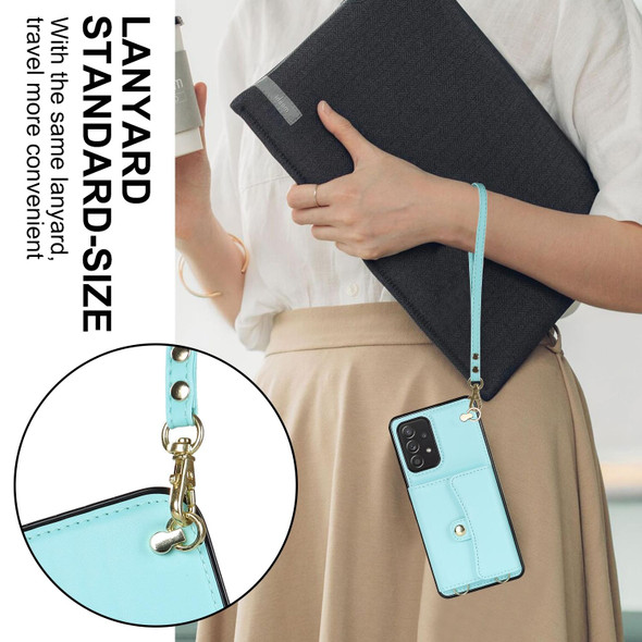 For Samsung Galaxy A52 5G RFID Card Slot Leatherette Phone Case with Long Lanyard(Mint Green)