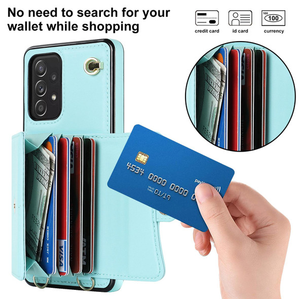 For Samsung Galaxy A52 5G RFID Card Slot Leatherette Phone Case with Long Lanyard(Mint Green)