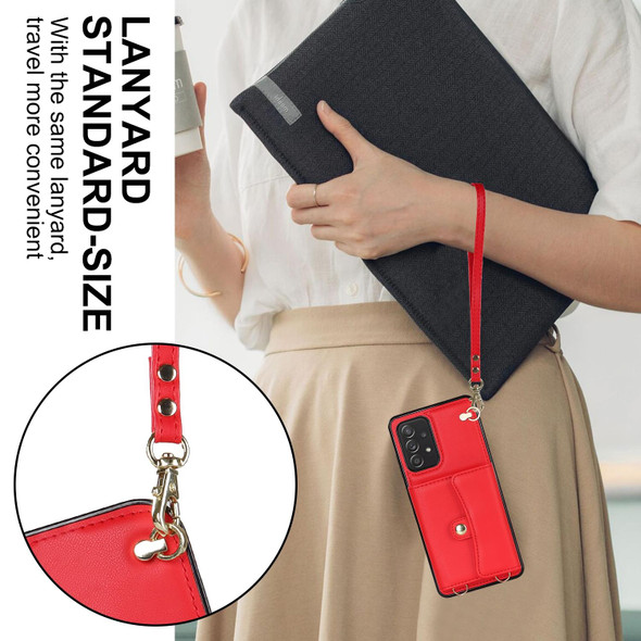 For Samsung Galaxy A52 5G RFID Card Slot Leatherette Phone Case with Long Lanyard(Red)