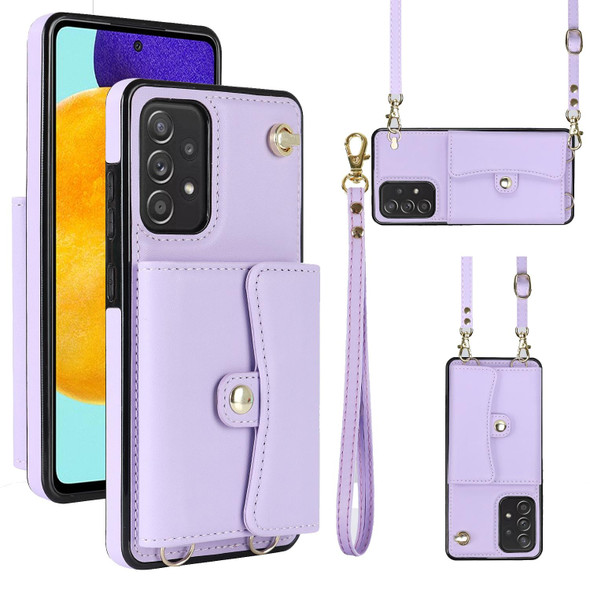 For Samsung Galaxy A52 5G RFID Card Slot Leatherette Phone Case with Long Lanyard(Purple)