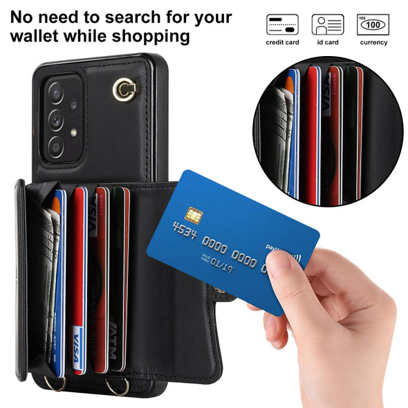 For Samsung Galaxy A52 5G RFID Card Slot Leatherette Phone Case with Long Lanyard(Black)