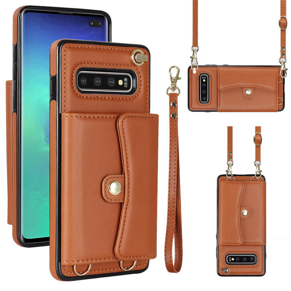 For Samsung Galaxy S10+ RFID Card Slot Leatherette Phone Case with Long Lanyard(Brown)