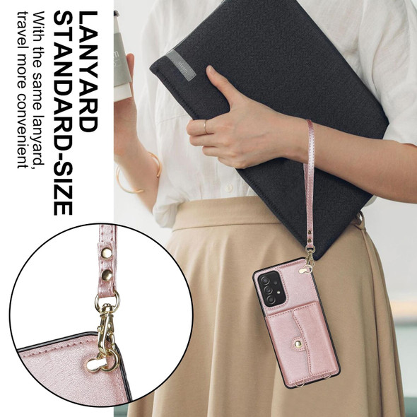 For Samsung Galaxy A52 5G RFID Card Slot Leatherette Phone Case with Long Lanyard(Rose Gold)