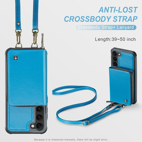 For Samsung Galaxy S23+ 5G JEEHOOD C22 Series Zipper Wallet Leatherette Phone Case with Dual Lanyard(Blue)