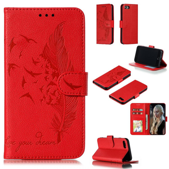 Feather Pattern Litchi Texture Horizontal Flip Leatherette Case with Wallet & Holder & Card Slots - iPhone SE 2022 / SE 2020 / 8 / 7(Red)