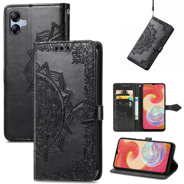 For Samsung Galaxy A04e Mandala Flower Embossed Leatherette Phone Case(Black)