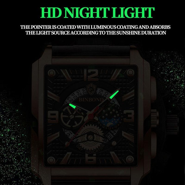 BINBOND B6575 Men Vintage Square Multifunctional Luminous Quartz Watch, Color: Brown Leatherette-Rose Gold-Black
