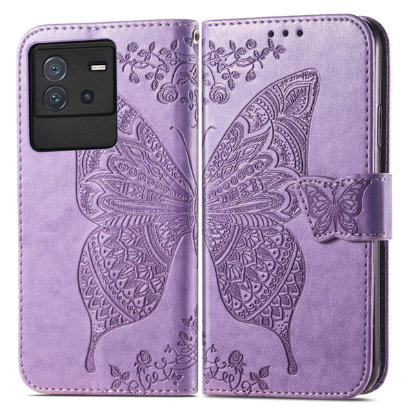 For vivo iQOO Neo 6 Butterfly Love Flower Embossed Leatherette Phone Case(Lavender)