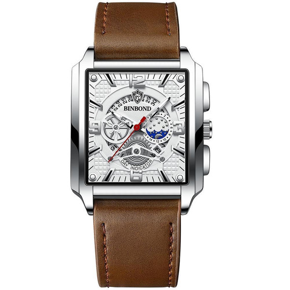BINBOND B6575 Men Vintage Square Multifunctional Luminous Quartz Watch, Color: Brown Leatherette-White-White