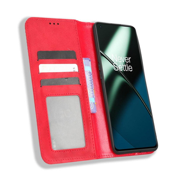 For OnePlus 11 5G Magnetic Buckle Retro Texture Leatherette Phone Case(Red)