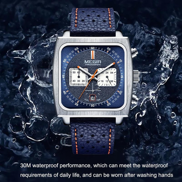 MEGIR 2182 Men Business Chronograph Calendar Waterproof Luminous Watch Square Quartz Watch(Black Face Black Belt)