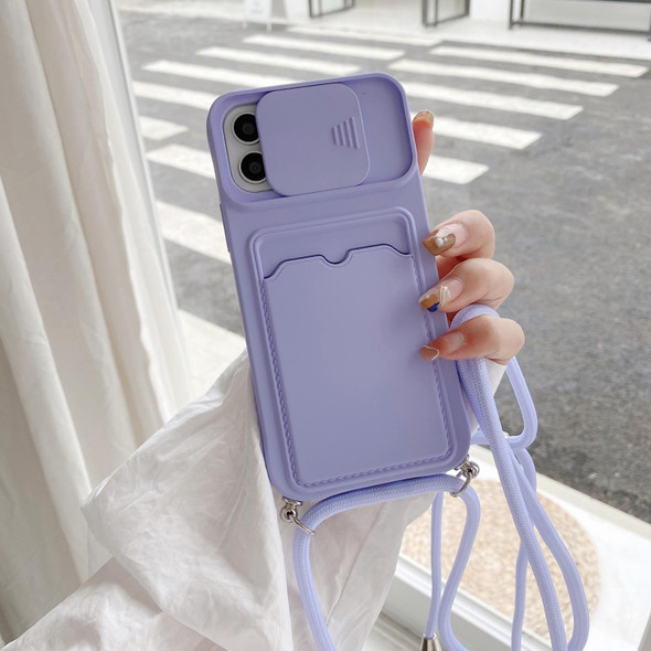 Sliding Camera Cover Design TPU Protective Case With Card Slot & Neck Lanyard - iPhone 11 Pro(Purple)