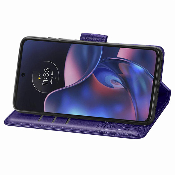 For Motorola Edge 2022 Butterfly Love Flower Embossed Flip Leatherette Phone Case(Dark Purple)