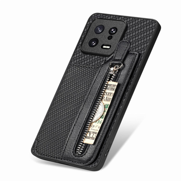 For Xiaomi 13 Carbon Fiber Flip Zipper Wallet Phone Case(Black)