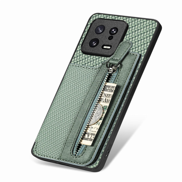 For Xiaomi 13 Carbon Fiber Flip Zipper Wallet Phone Case(Green)