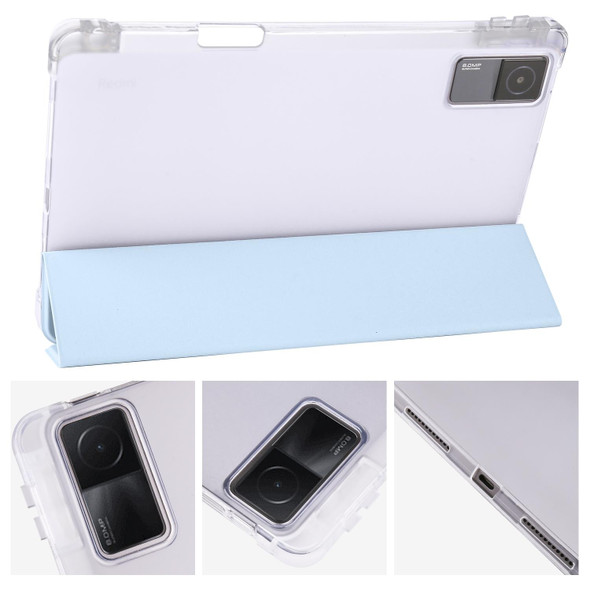 For Xiaomi Redmi Pad 10.61 3-folding Transparent TPU Smart Leather Tablet Case with Pen slot(Ice Blue)
