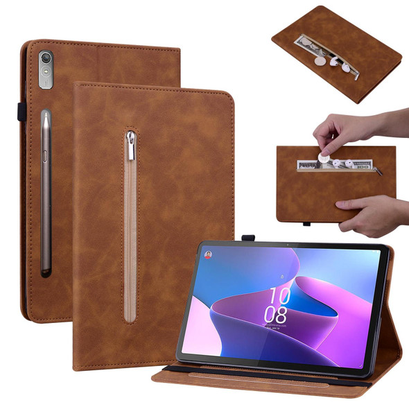 For Lenovo Tab P11 Pro Gen 2 11.2 Skin Feel Solid Color Zipper Leatherette Tablet Case(Brown)