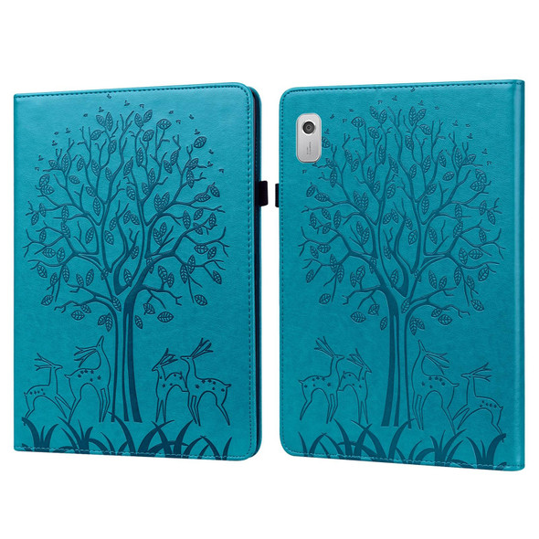 For Lenovo Tab M8 4th Gen TB-300FU Tree & Deer Pattern Embossed Leatherette Tablet Case(Blue)