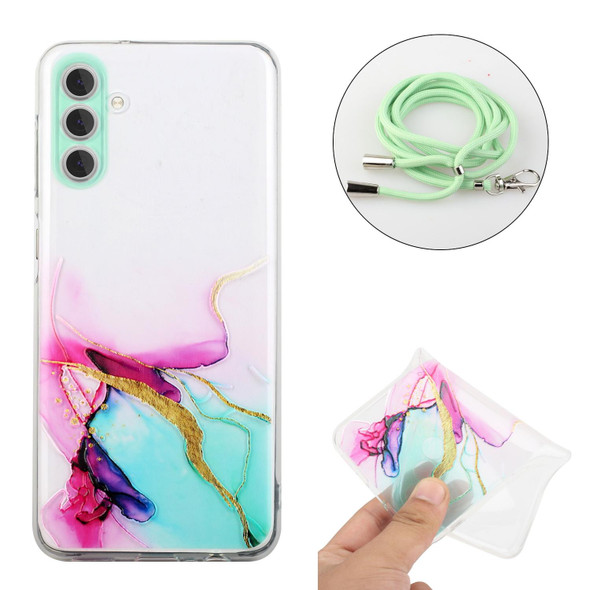 For Samsung Galaxy A14 5G / 4G Hollow Marble Pattern TPU Phone Case with Neck Strap Rope(Green)