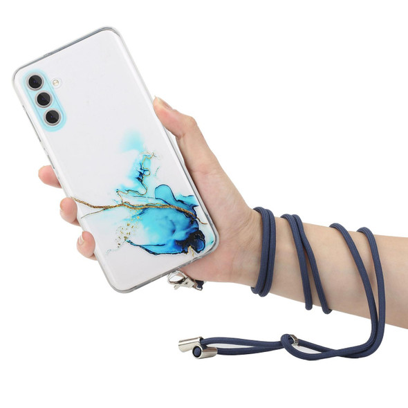 For Samsung Galaxy A14 5G / 4G Hollow Marble Pattern TPU Phone Case with Neck Strap Rope(Blue)