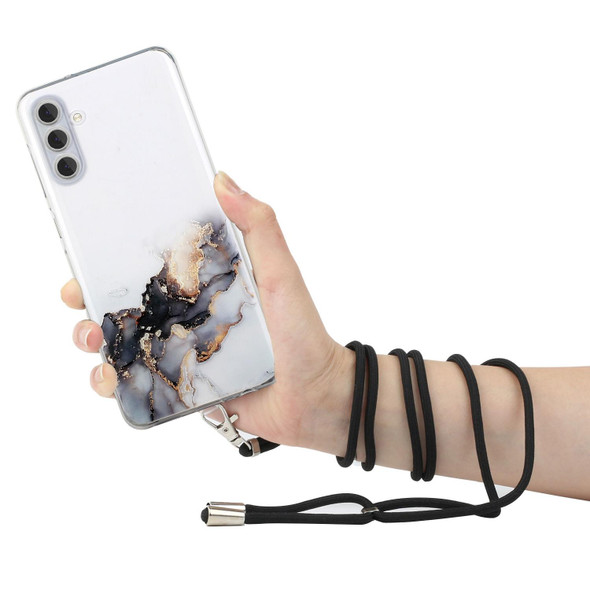For Samsung Galaxy A14 5G / 4G Hollow Marble Pattern TPU Phone Case with Neck Strap Rope(Black)