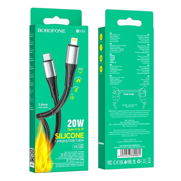 Borofone BX88 Type-C to 8 Pin Solid Silicone Charging Data Cable, Length:1m(Black)